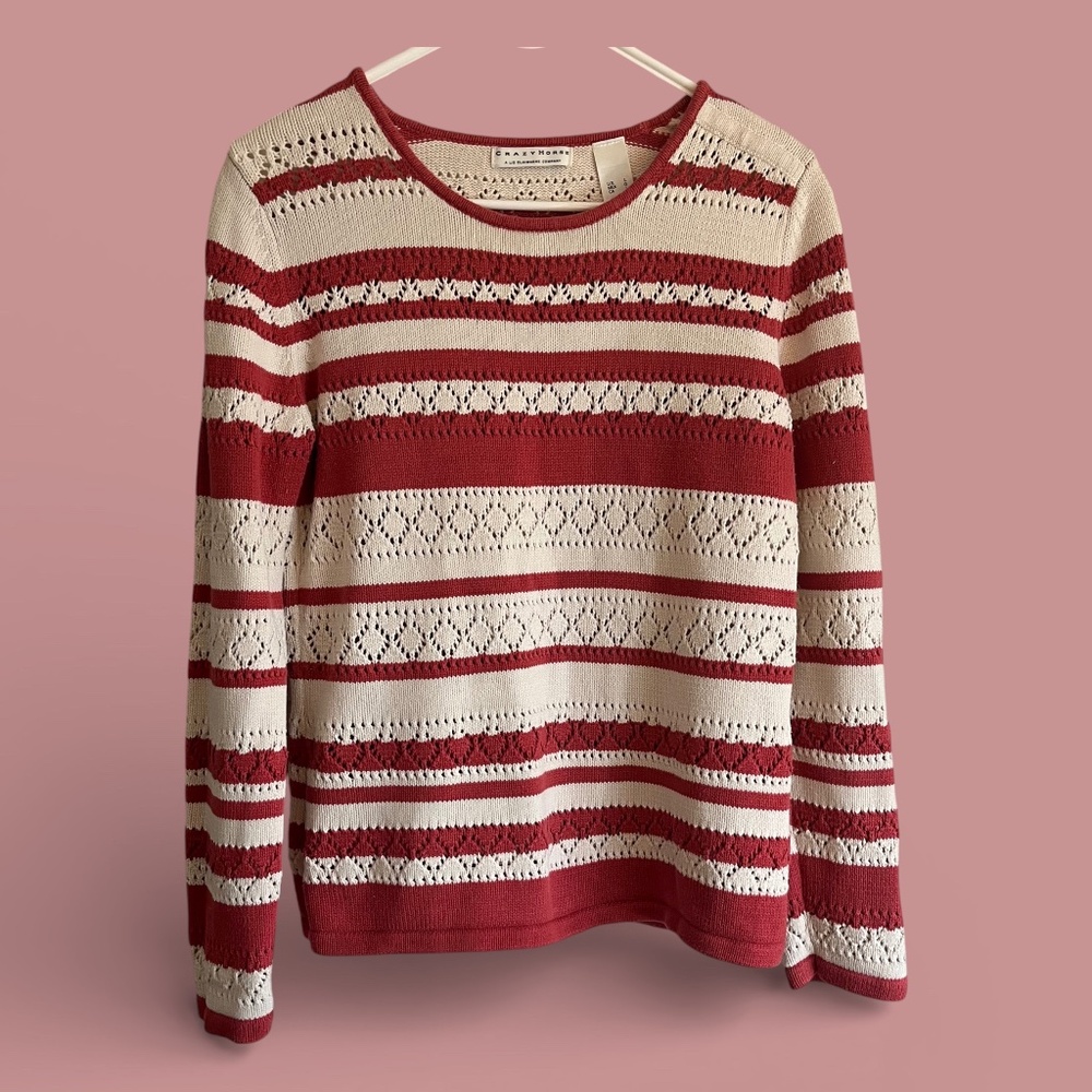 Crazy Horse Brick Red and Cream Striped Cotton Pointelle Sweater L
